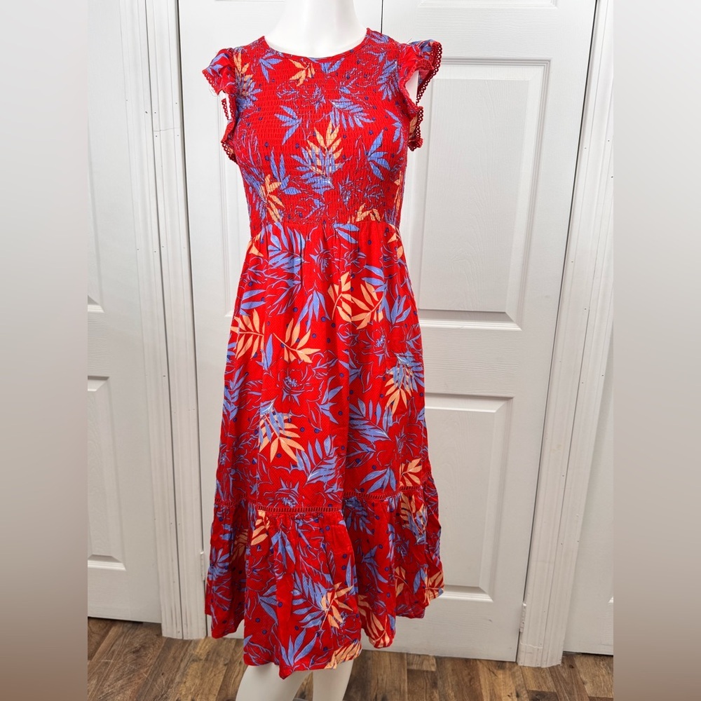 Lost + Wander Red Floral Smocked Midi Dress NWT Size XS Boho Romantic - Picture 9 of 16